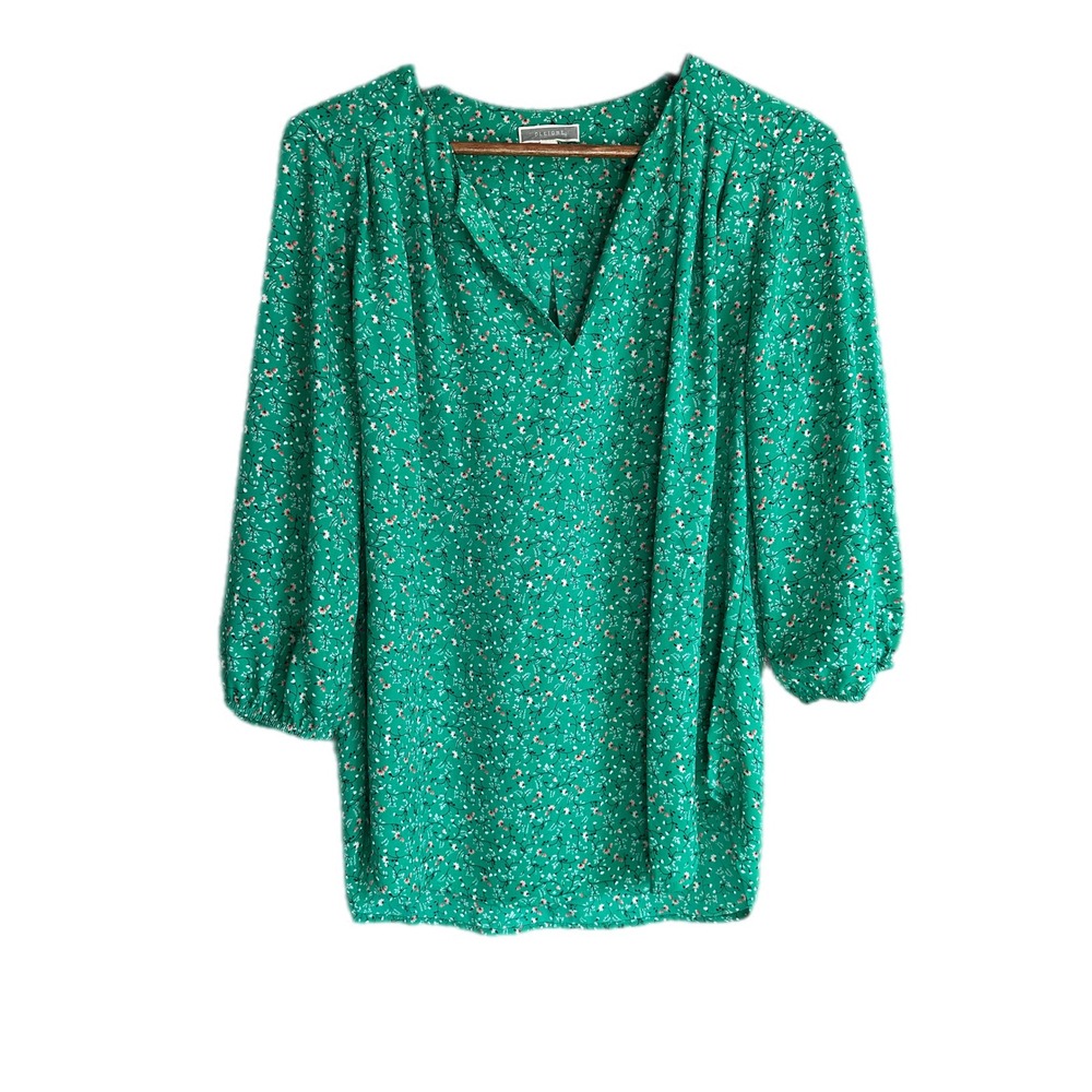 PLEIONE Women Green Floral Print V‎ Neck 3/4 Sleeve Casual Tunic Top M